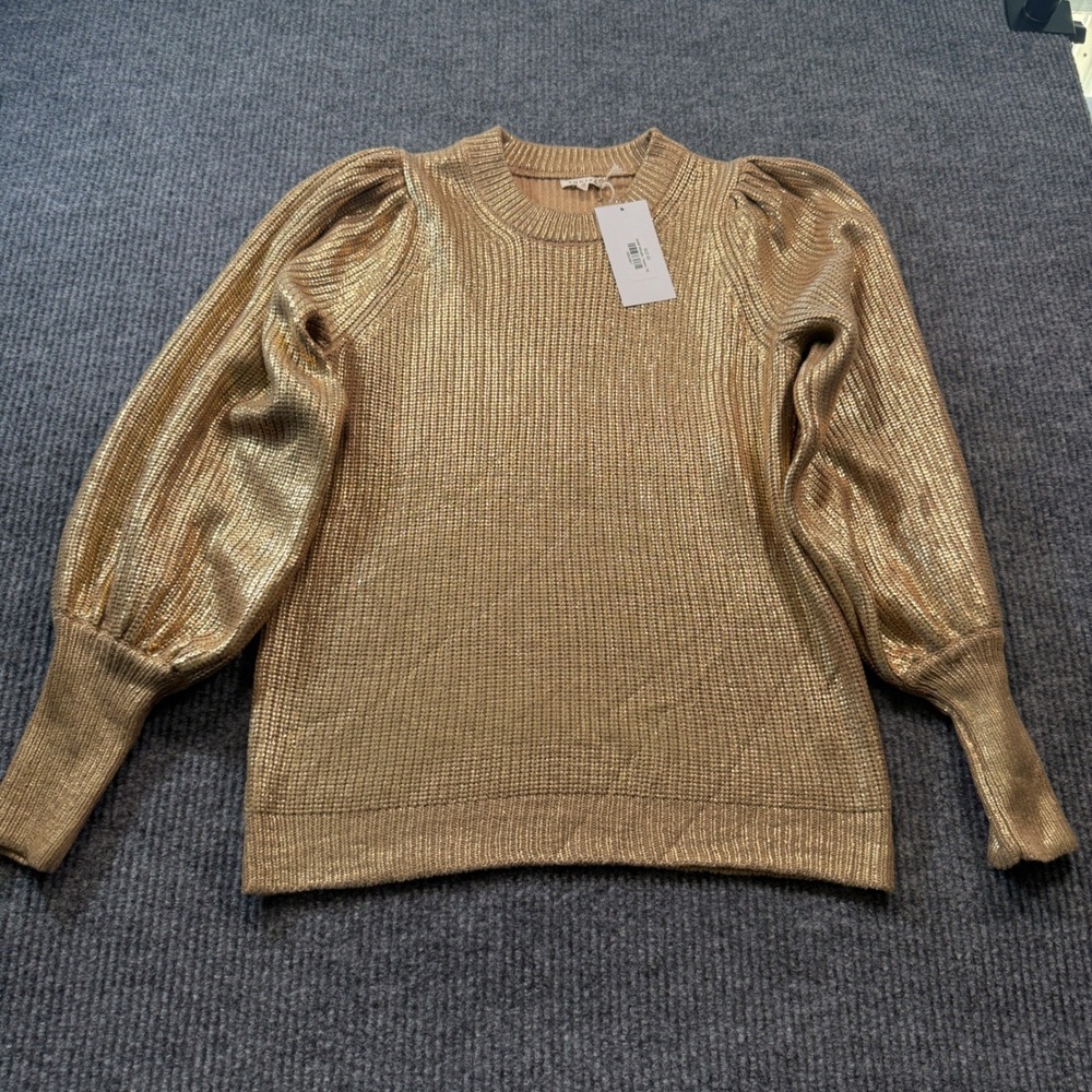 Jodifl Metallic Taupe Sweater Womens Medium Gold Puff Sleeve H10237